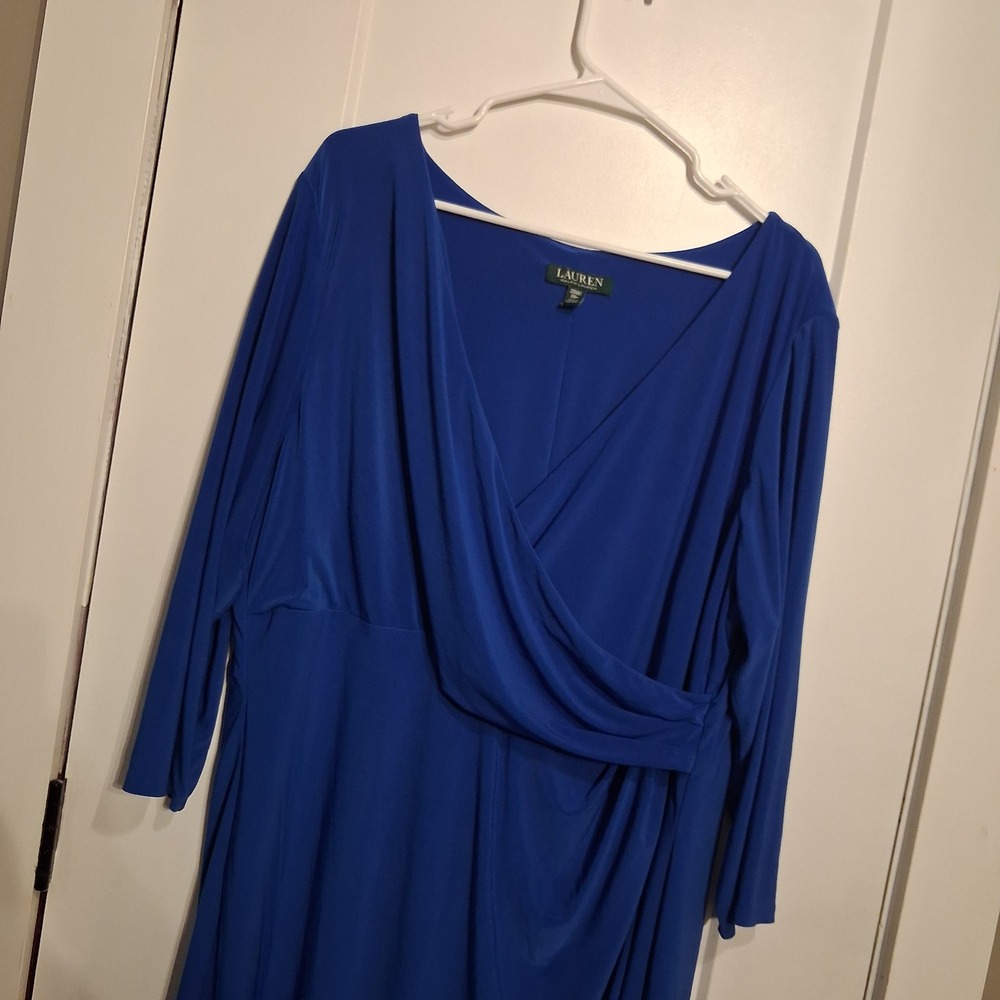 Lauren Ralph Lauren Dress Women 20W Blue Faux Wrap V-Neck 3/4 Sleeve Knee Length - Picture 3 of 8